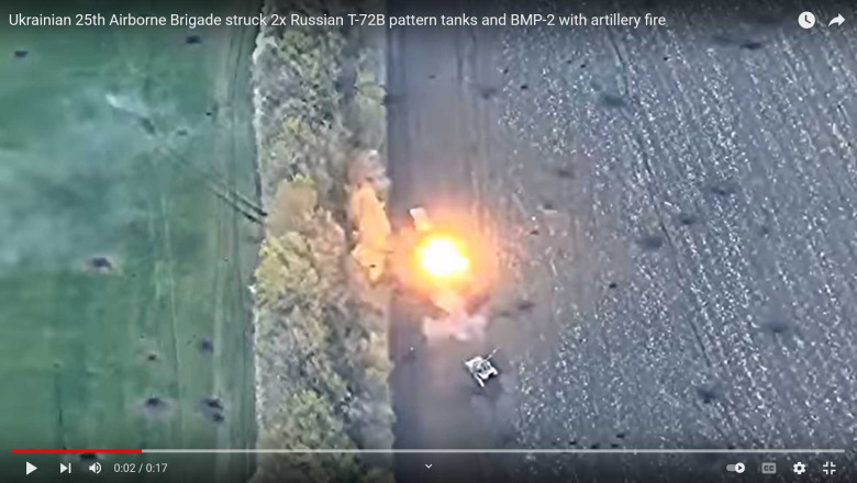 Ukrainian 25th Airborne Brigade struck 2x Russian T-72B pattern tanks and BMP-2 with artillery fire