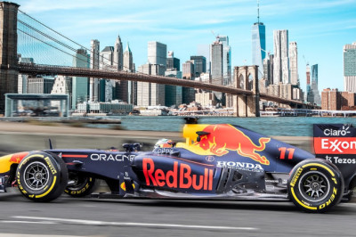 Sergio Perez Drives F1 Car Through New York City