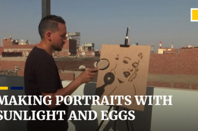 Egyptian artist creates portraits of famous personalities using sunlight, sand and eggs