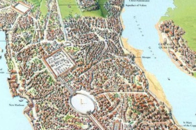 Constantinople in 1203, just before the Crusades' siege on the Byzantine capital.
