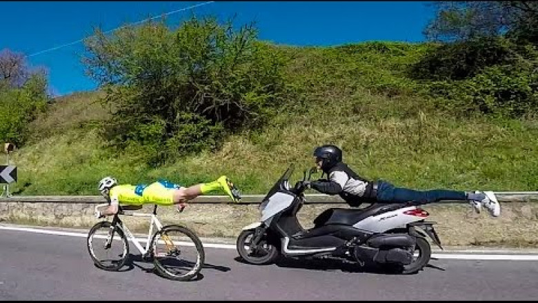 Michael Guerra is back on bike to fight road cyclists' crimes. adopts a definitely unconventional position on his bike and the result is an efficient aerodynamics which makes him pass the other cyclists