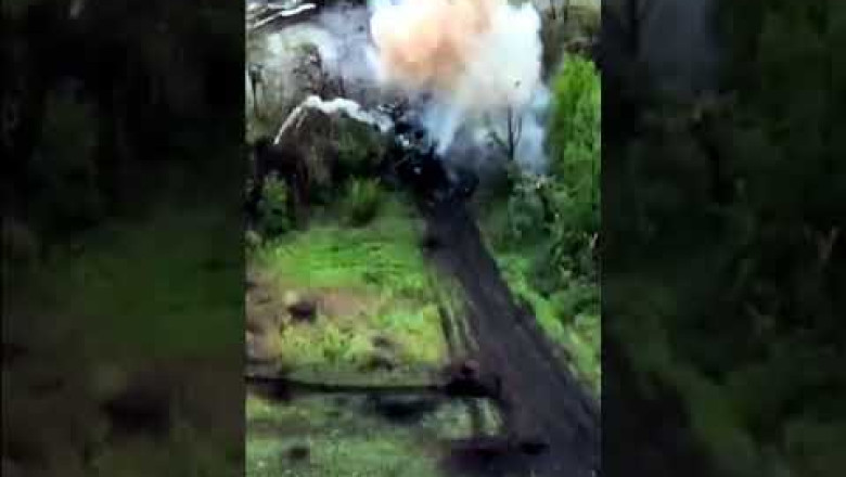 Russian tank destroyed by artillery fire fixed by drone close to Avdiivka.