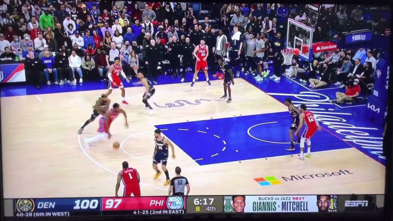 Moment Bones Hyland of the Nuggets hits back to back 3's over the 76ers, Embid misses dunk and falls down