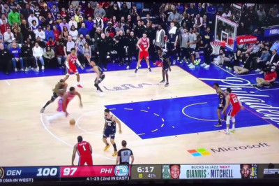 Moment Bones Hyland of the Nuggets hits back to back 3's over the 76ers, Embid misses dunk and falls down