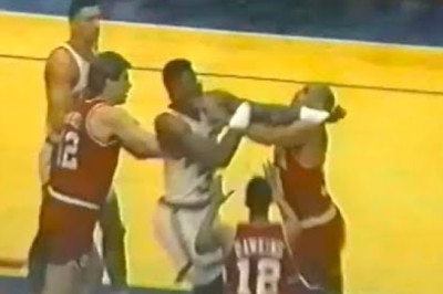 Charles Barkley FIGHTS Patrick Ewing and SPITS at a fan (1990)