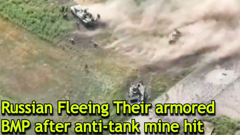 Russian BMP Crew abandon their vehicle after anti-tank mine hit ...