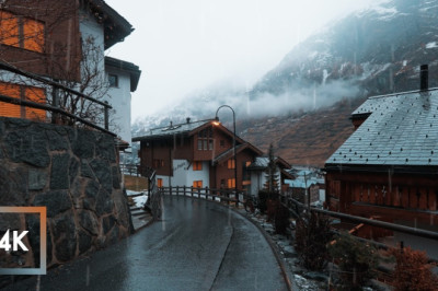 Walking in the Rain, Zermatt Switzerland and Mattervispa, Rain and City Sounds