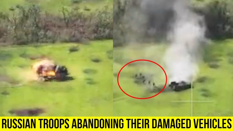 Russian Troops Escaping their Armored Vehicles after anti-tank mine Hit.