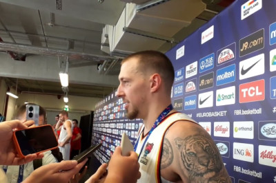 Daniel Theis speaks with media and shares his excitement about Germany winning the bronze medal