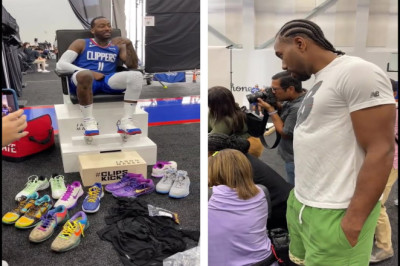 Kawhi Leonard coming over to check out John Walls kicks at Clippers media day