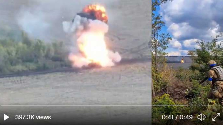 A rare example of tank-on-tank combat - a Russian tank was destroyed by Ukrainian tank fire a few days ago in the East. Catastrophic ammo cook-off included.