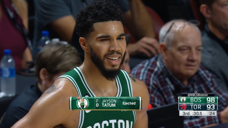 Jayson Tatum gets ejected for waving his hand at the ref vs Raptors preseason game