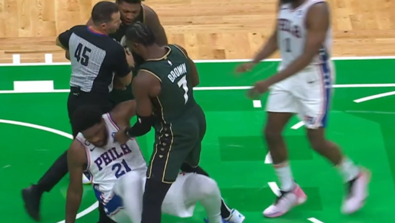 Jaylen Brown Tries To Fight Joel Embiid After Embiid Tries To Injure Marcus Smart With Dirty Play