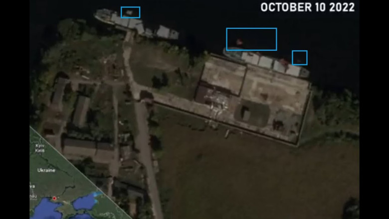 Satellite Photo Shows Sunk and Damaged Russian Barges Near Dnipro River and Two Sunk (Updated)