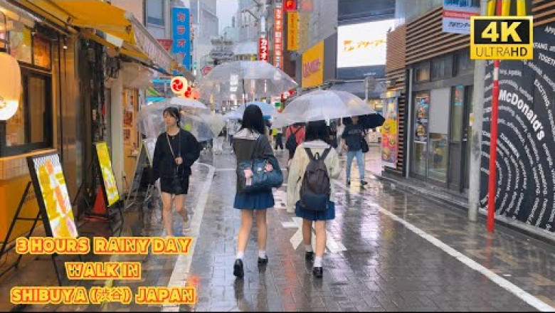【4k hdr】 3 Hours Rainy day Walk in Shibuya (渋谷) Tokyo Japan | Relaxing Natural City ambience