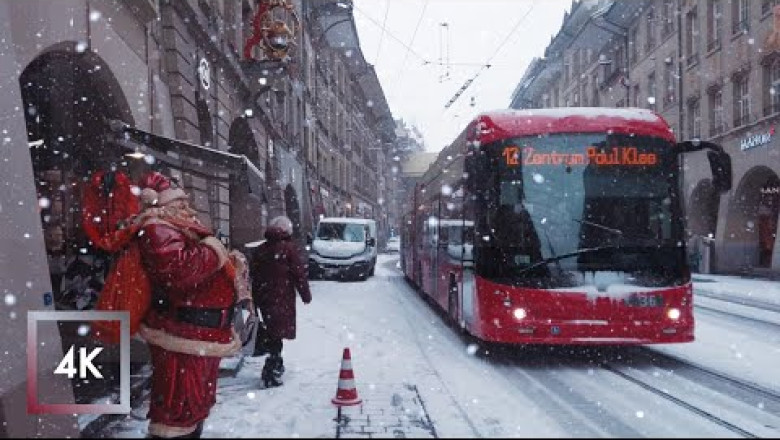 Snowfall in Bern, Switzerland | Binaural Walking in Bern, Old Town in the Winter Snow, 4k