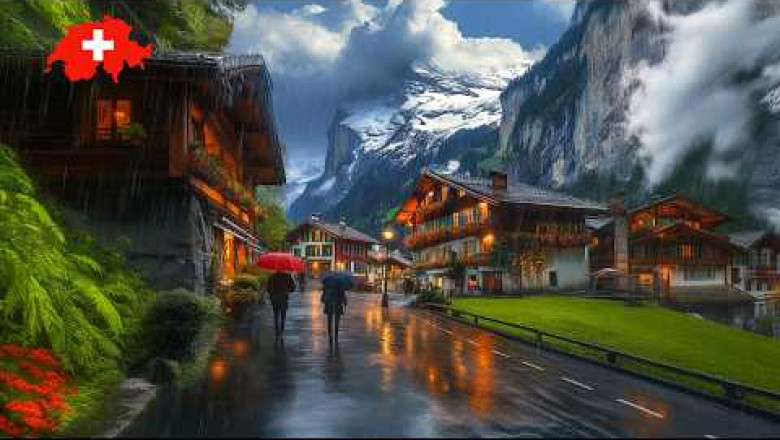 Walking in the Rain Switzerland 4K: Rainy Day and Night - Heavy Rain in Interlaken and Lauterbrunnen