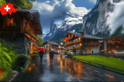 Walking in the Rain Switzerland 4K: Rainy Day and Night - Heavy Rain in Interlaken and Lauterbrunnen