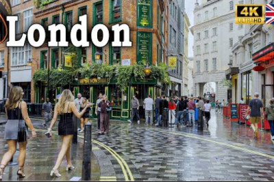 Amazing Rainy Saturday Night Walking Tour in London | 4K HDR